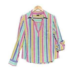 Soho Jeans Womens XL Striped Rayon Blouse MultiColor Button Back Roll Tab Sleeve